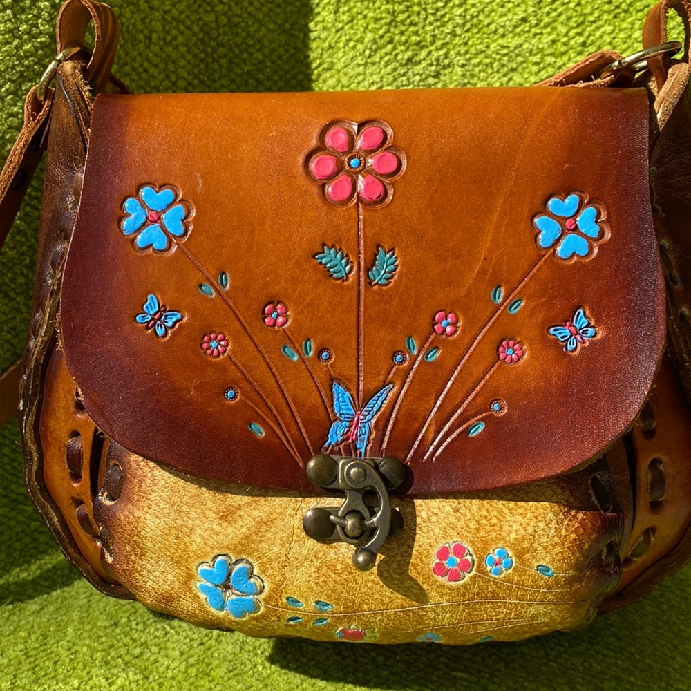 Boho Hand Crafted Floral Tooled Crossbody Bag